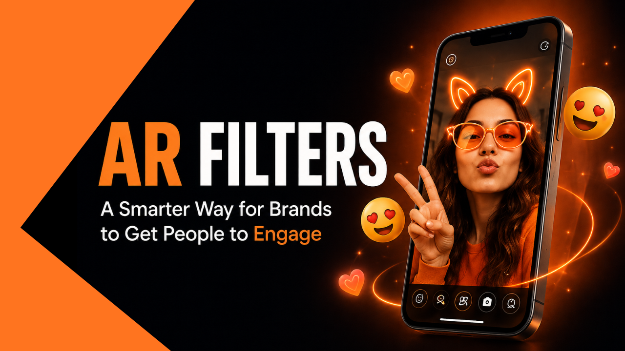 AR filters marketing banner featuring a woman using a smartphone with a virtual cat-ear filter, highlighting interactive brand engagement through augmented reality.