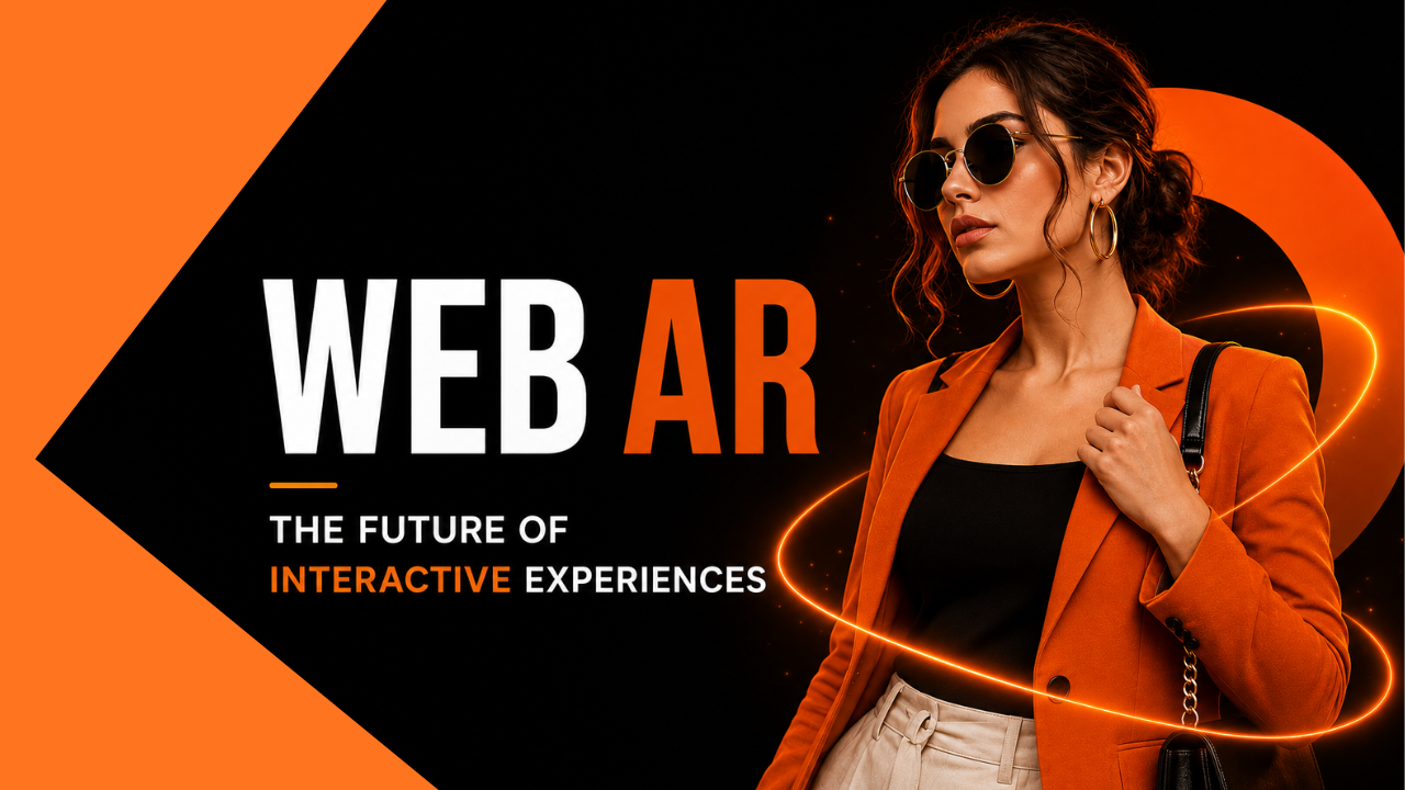 Web AR promotional banner featuring a fashion model in an orange blazer, with bold “WEB AR” text and the subheading “The Future of Interactive Experiences” on a black and orange futuristic background.