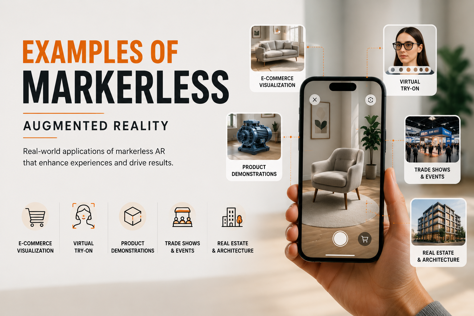 Examples of markerless augmented reality for e-commerce, virtual try-on, product demonstrations, trade shows, and real estate