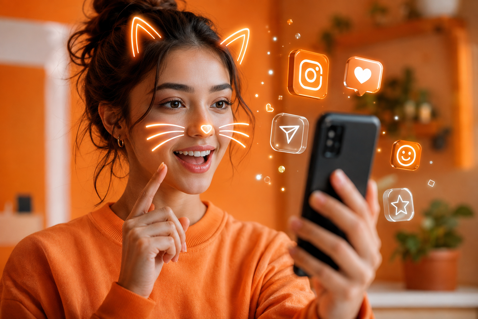 A woman using a smartphone AR filter, with glowing virtual cat ears, whiskers, and interactive social media elements in a vibrant orange setting. AR Filters 
