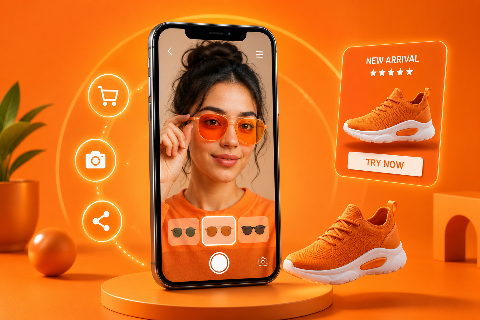 A smartphone displaying an augmented reality experience, where a user virtually tries on sunglasses while interactive product visuals float around the screen in a vibrant orange setting. AR Filters