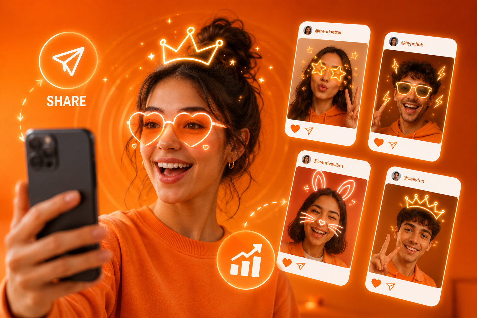 A person using a smartphone AR experience to create interactive, shareable content for a social media marketing campaign.AR Filters