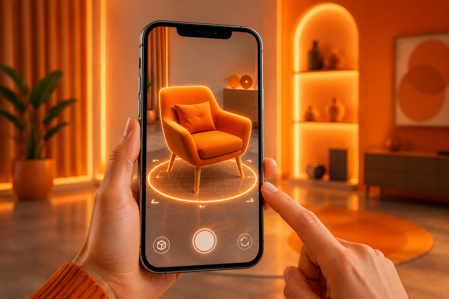 A smartphone using markerless Web AR to place and visualize a virtual orange chair in a real living room.AR Filters 
