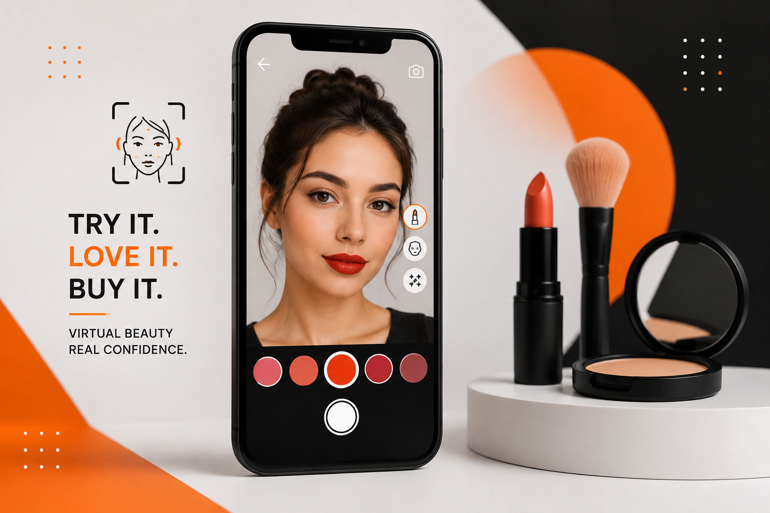 WebAR beauty and cosmetics concept showing a smartphone with virtual makeup try-on and lipstick shade selection.