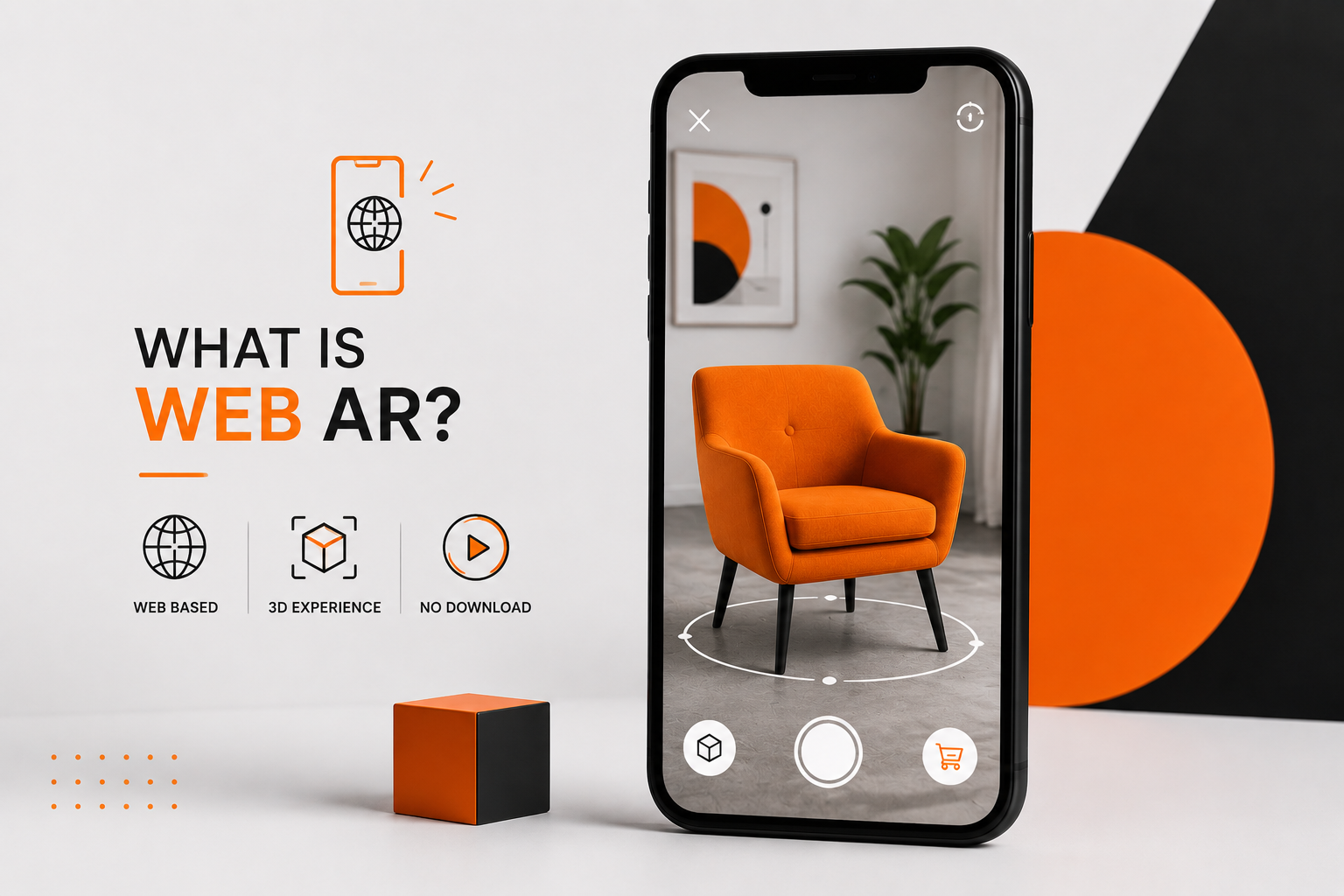 WebAR marketing concept showing a smartphone with an augmented reality furniture experience in a black, white, and orange setting.