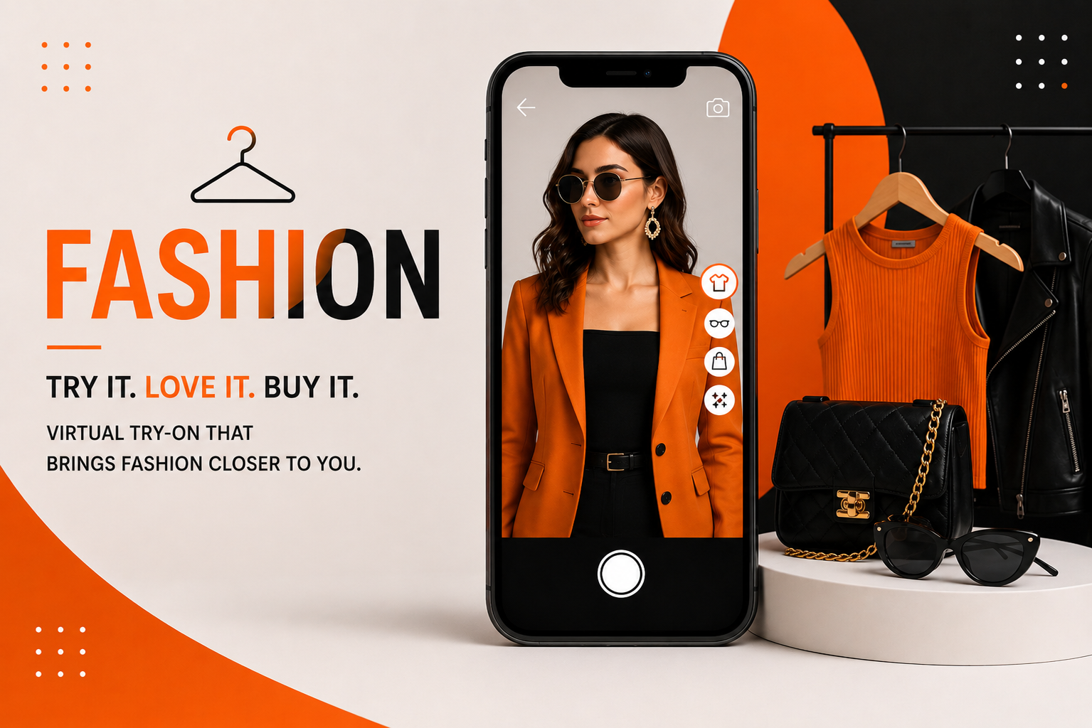 Fashion virtual try-on experience featuring an AR smartphone interface, orange and black clothing, handbag, sunglasses, and a modern fashion display.