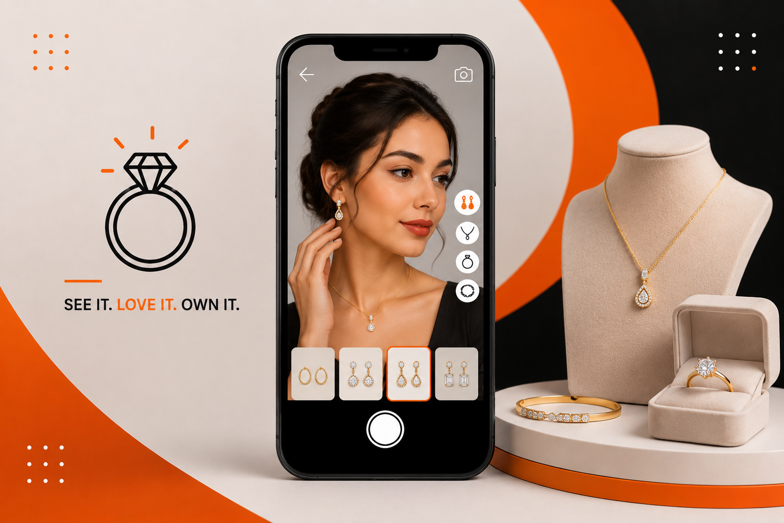 Jewelry virtual try-on experience featuring a smartphone AR interface, gold earrings and necklace, diamond ring, bracelet, and elegant jewelry display.