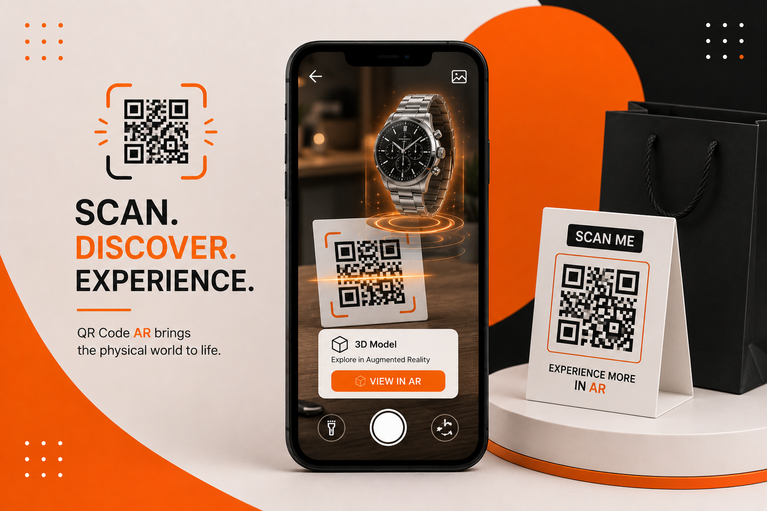 QR Code AR experience featuring a smartphone displaying an interactive 3D watch, a scannable QR code card, and orange-and-black augmented reality branding. 