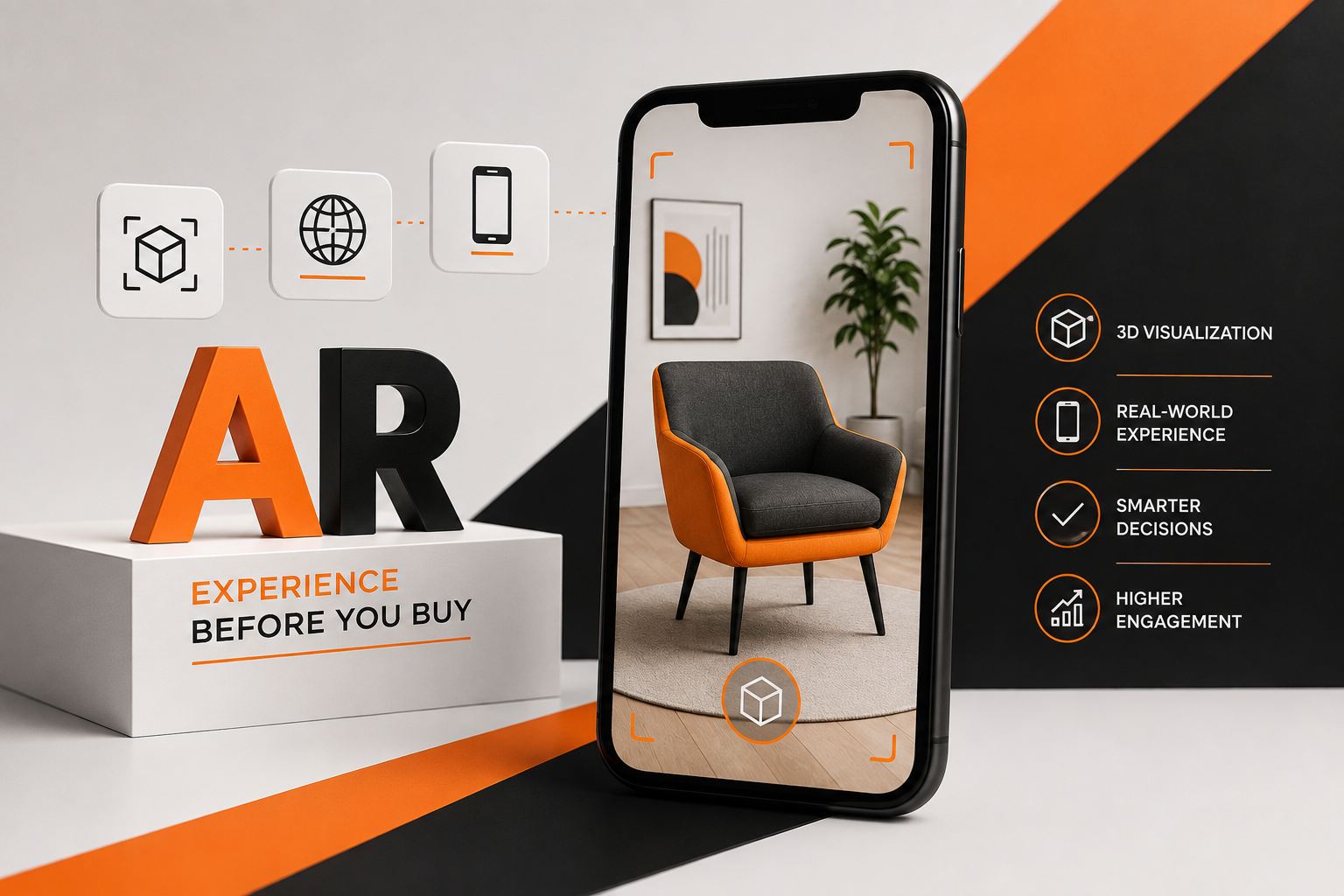  WebAR marketing concept showing a smartphone with an augmented reality furniture experience in a black, white, and orange setting. 